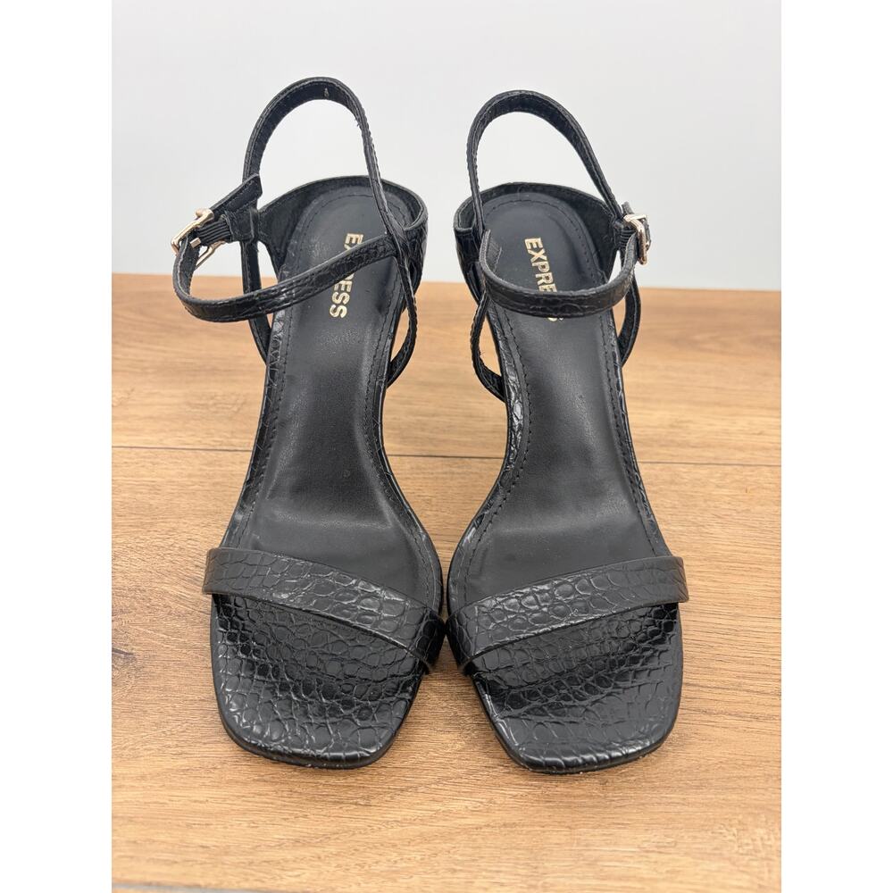 Express Black Croc Embossed Square Toe Stiletto Ankle Strap Heels